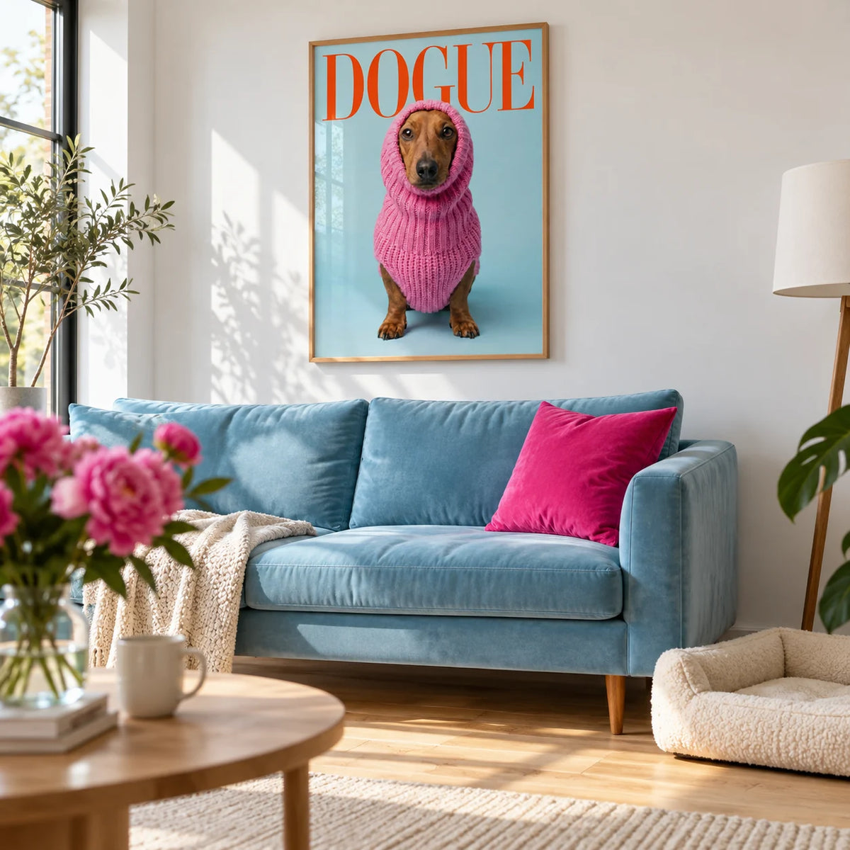 Funny Daschund Print, framed on the wall of a bright modern living room with a white wall and a light oak floor