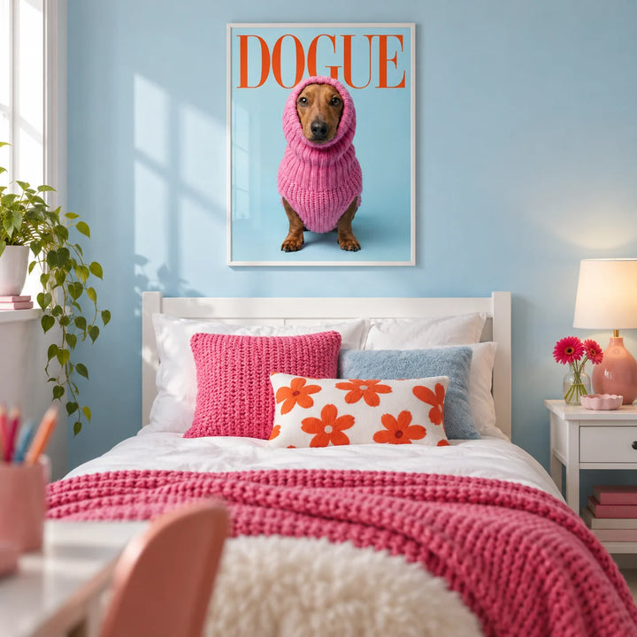 Funny Daschund Print, framed on the wall of a fun single bedroom for a teen girl (13-17) with a pale sky blue wall