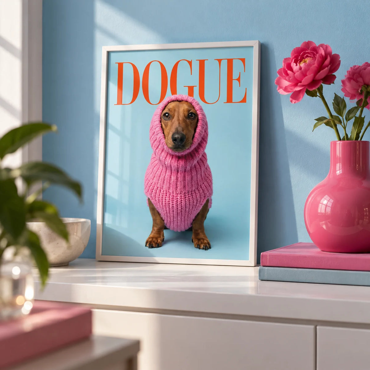 Funny Daschund Print, a small A4 framed print leaning on a white shelf in a living room