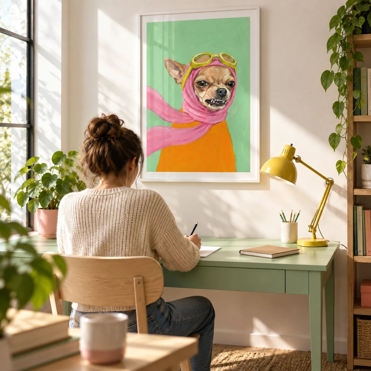 Funny Dog Art, framed on the wall of a bright creative home study with a warm white wall and a mint green desk