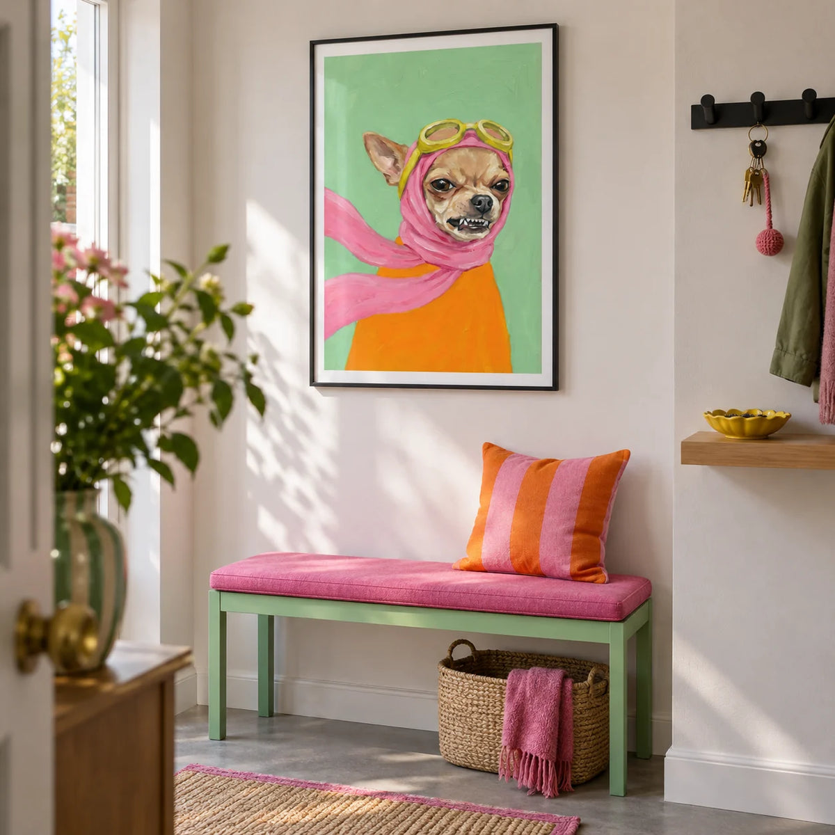 Funny Dog Art, framed on the wall of a colourful contemporary entrance hallway in a UK flat with a soft white wall and plain grey floor