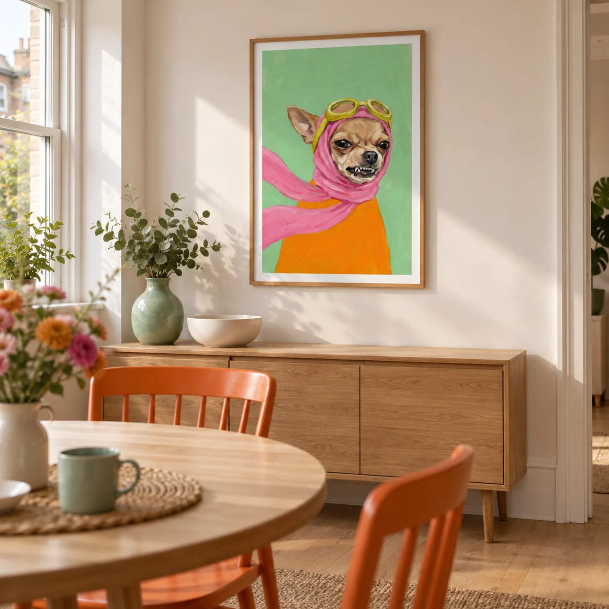Funny Dog Art, framed on the wall of a compact modern dining room in a UK terrace with warm white walls and a pale oak floor