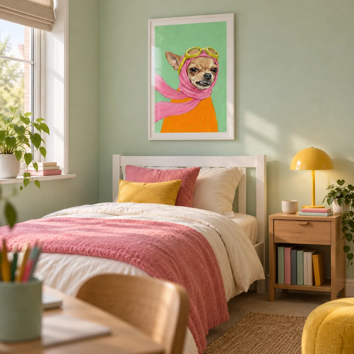 Funny Dog Art, framed on the wall of a contemporary single bedroom for a dog-loving teenager (13-17) in a UK family home with a pale mint wall