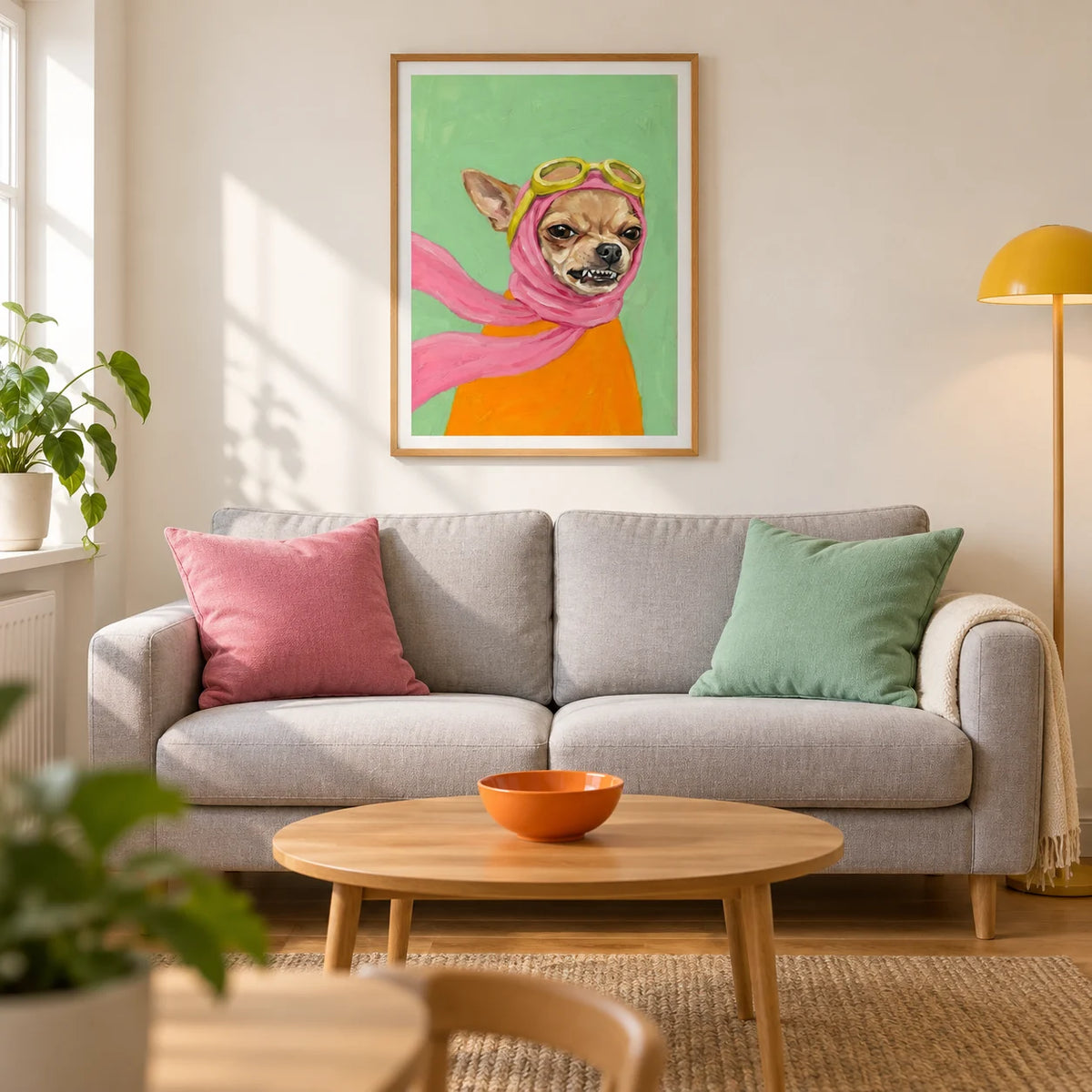 Funny Dog Art, framed on the wall of a playful contemporary living room in a UK first flat (22-28) with warm white walls and an oak floor