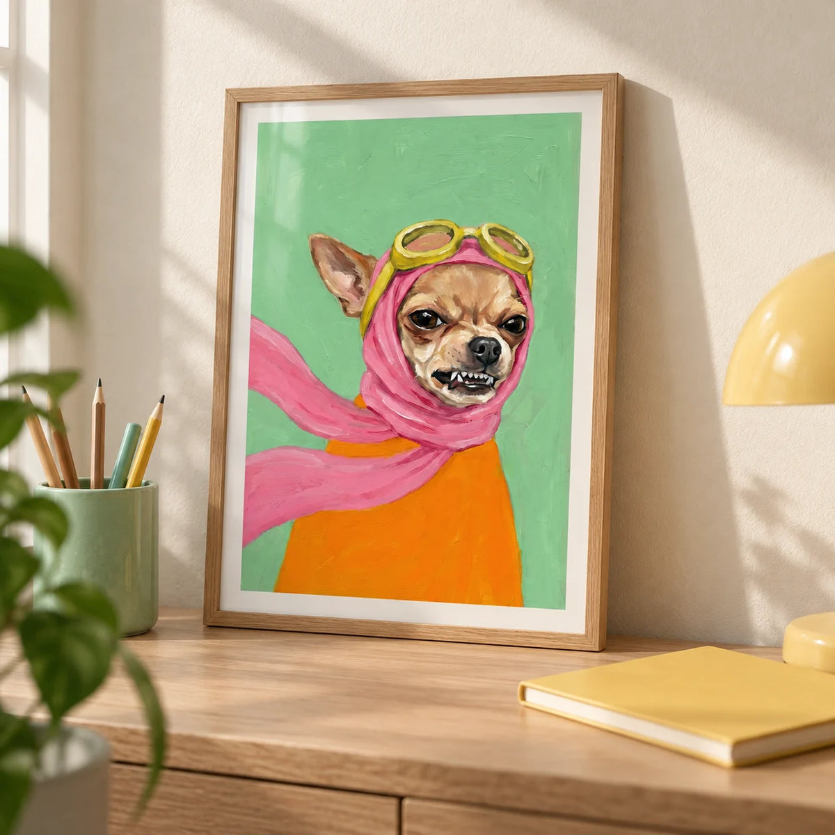 Funny Dog Art, a small A4 framed print leaning on a pale oak desk