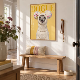 Funny Dog Wall Art, framed on the wall of a bright hallway with a white wall and an oak floor