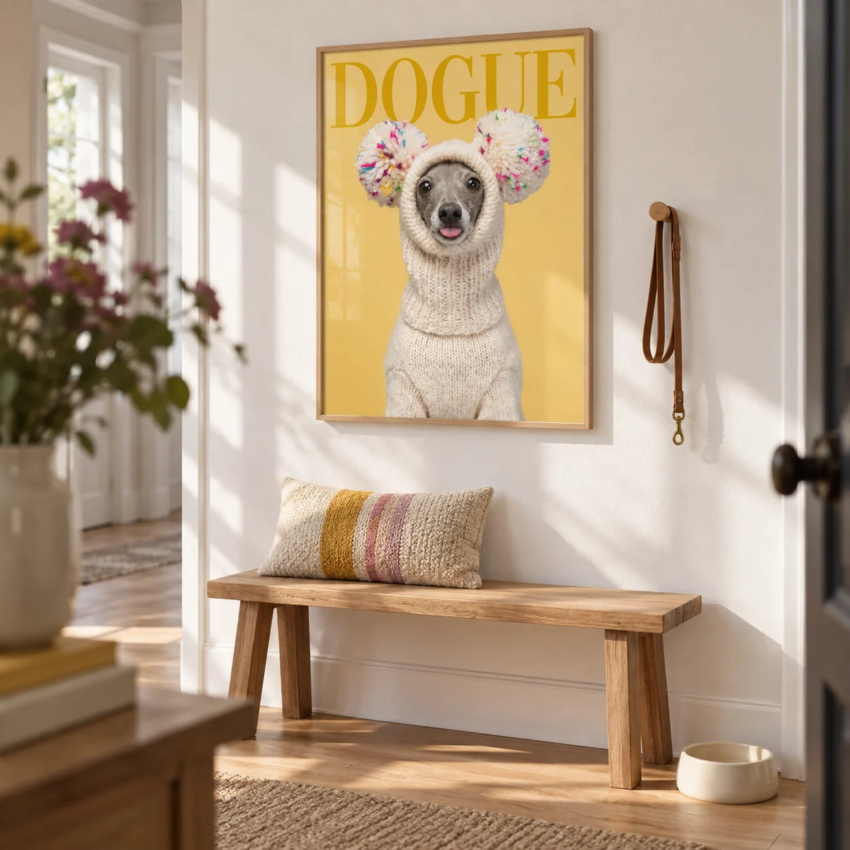 Funny Dog Wall Art, framed on the wall of a bright hallway with a white wall and an oak floor
