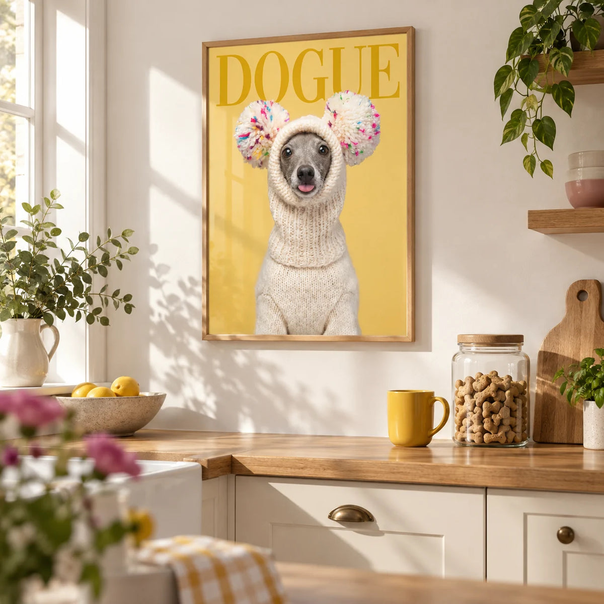 Funny Dog Wall Art, framed on the wall of a bright kitchen with cream cabinets and a white wall