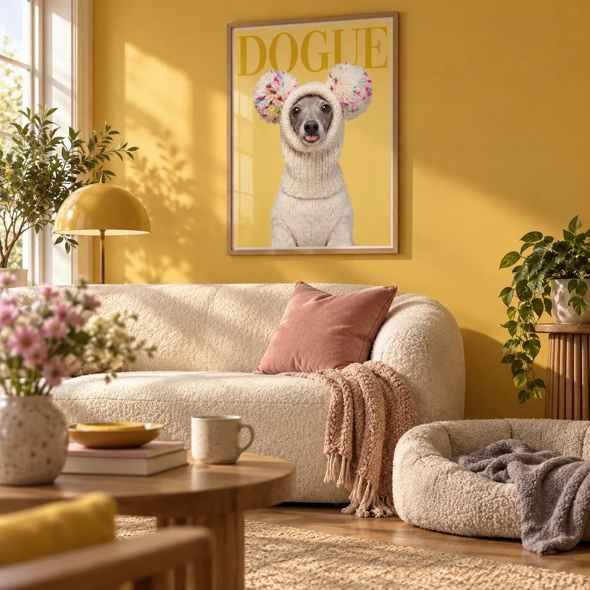 Funny Dog Wall Art, framed on the wall of a cosy living room with a mustard yellow painted wall