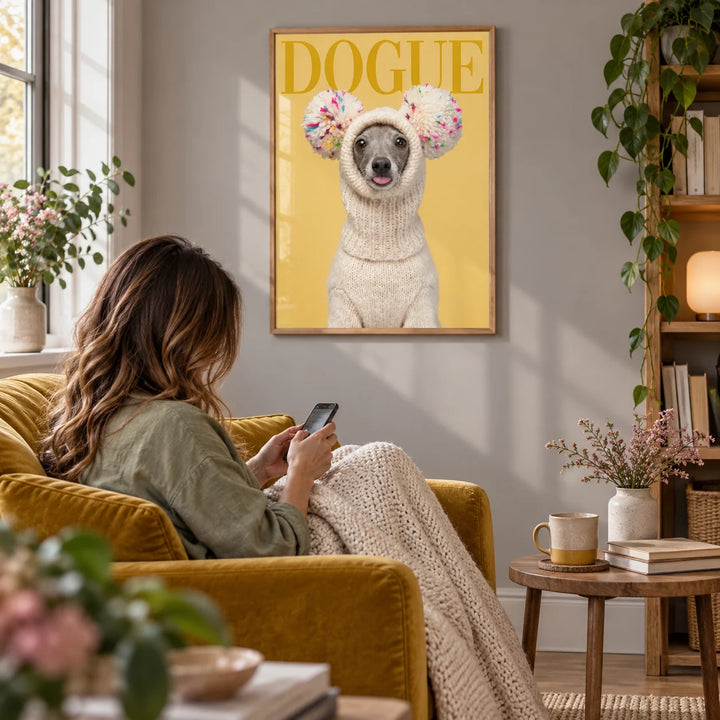 Funny Dog Wall Art, framed on the wall of a cosy reading corner with a soft grey wall in a living room