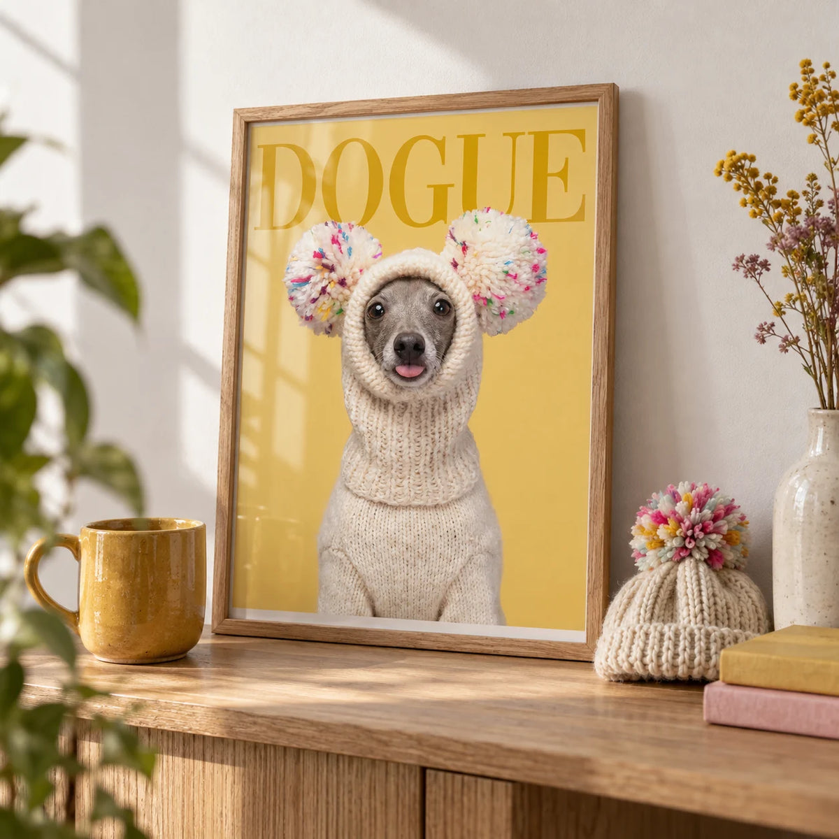 Funny Dog Wall Art, a small A4 framed print leaning on an oak shelf in a living room
