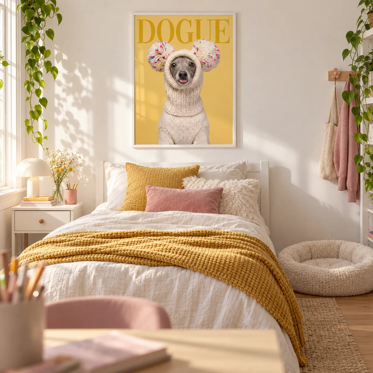 Funny Dog Wall Art, framed on the wall of a sunny teen girl's bedroom (13-17) with a warm white wall