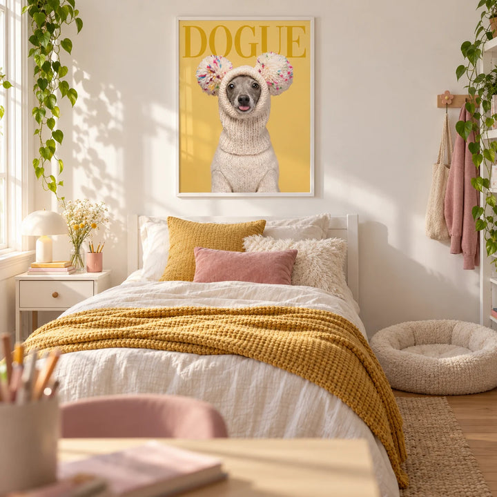 Funny Dog Wall Art, framed on the wall of a sunny teen girl's bedroom (13-17) with a warm white wall