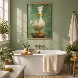 Funny Duck Wall Art, framed on the wall of a bright family bathroom with a soft sage green painted wall