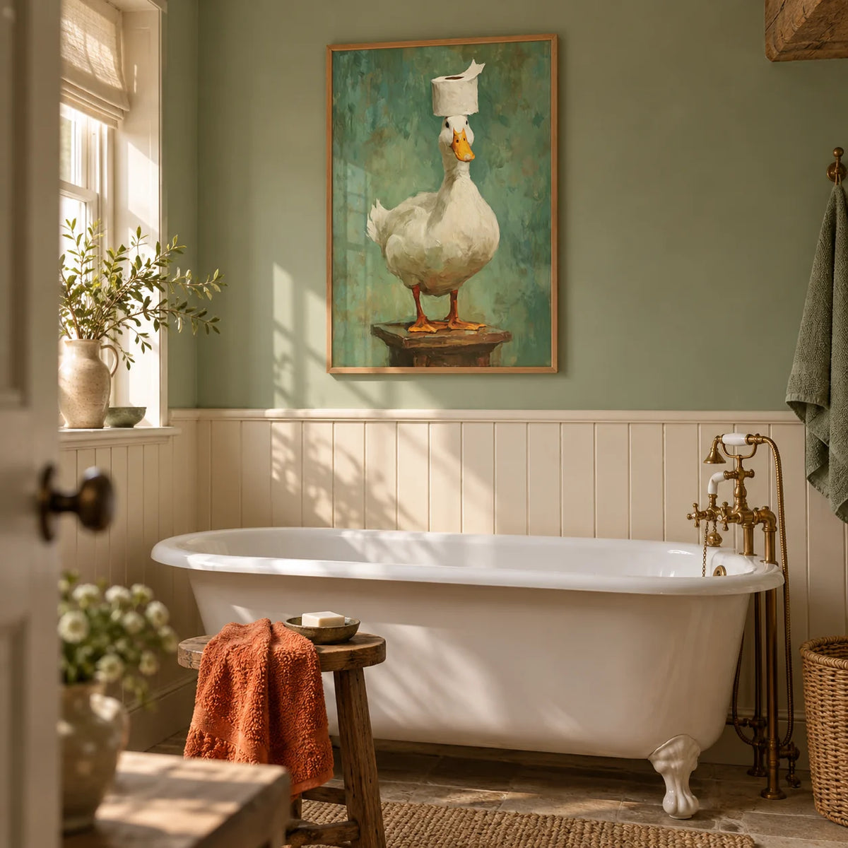 Funny Duck Wall Art, framed on the wall of a cottage bathroom with cream tongue-and-groove panelling and a sage wall above