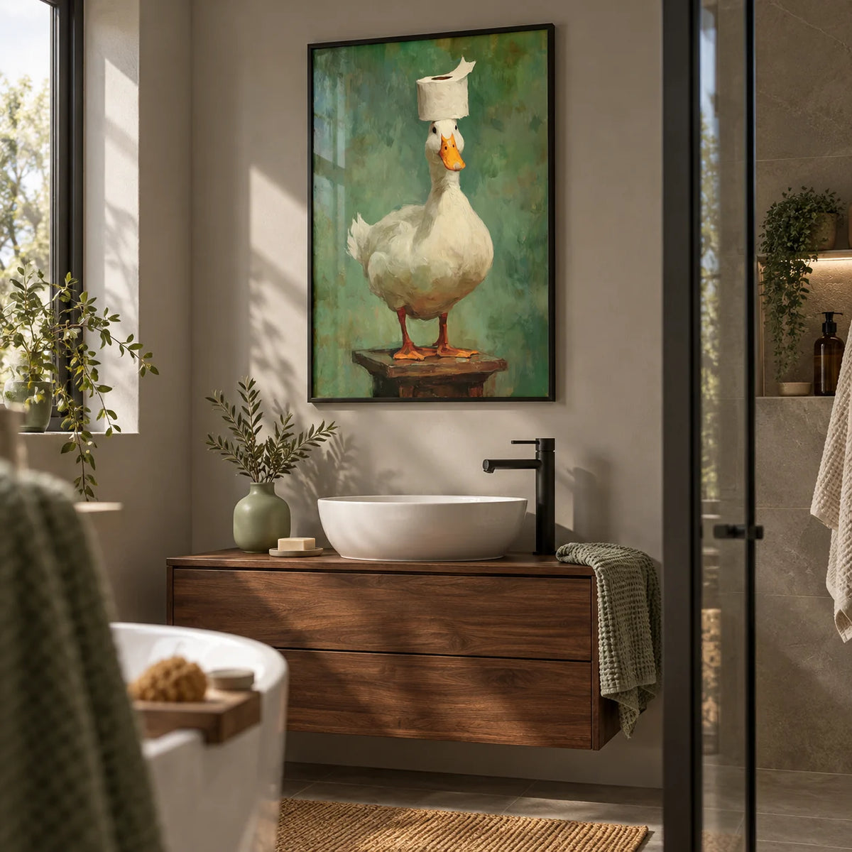 Funny Duck Wall Art, framed on the wall of a modern en-suite with warm grey walls and a walnut vanity in a bathroom