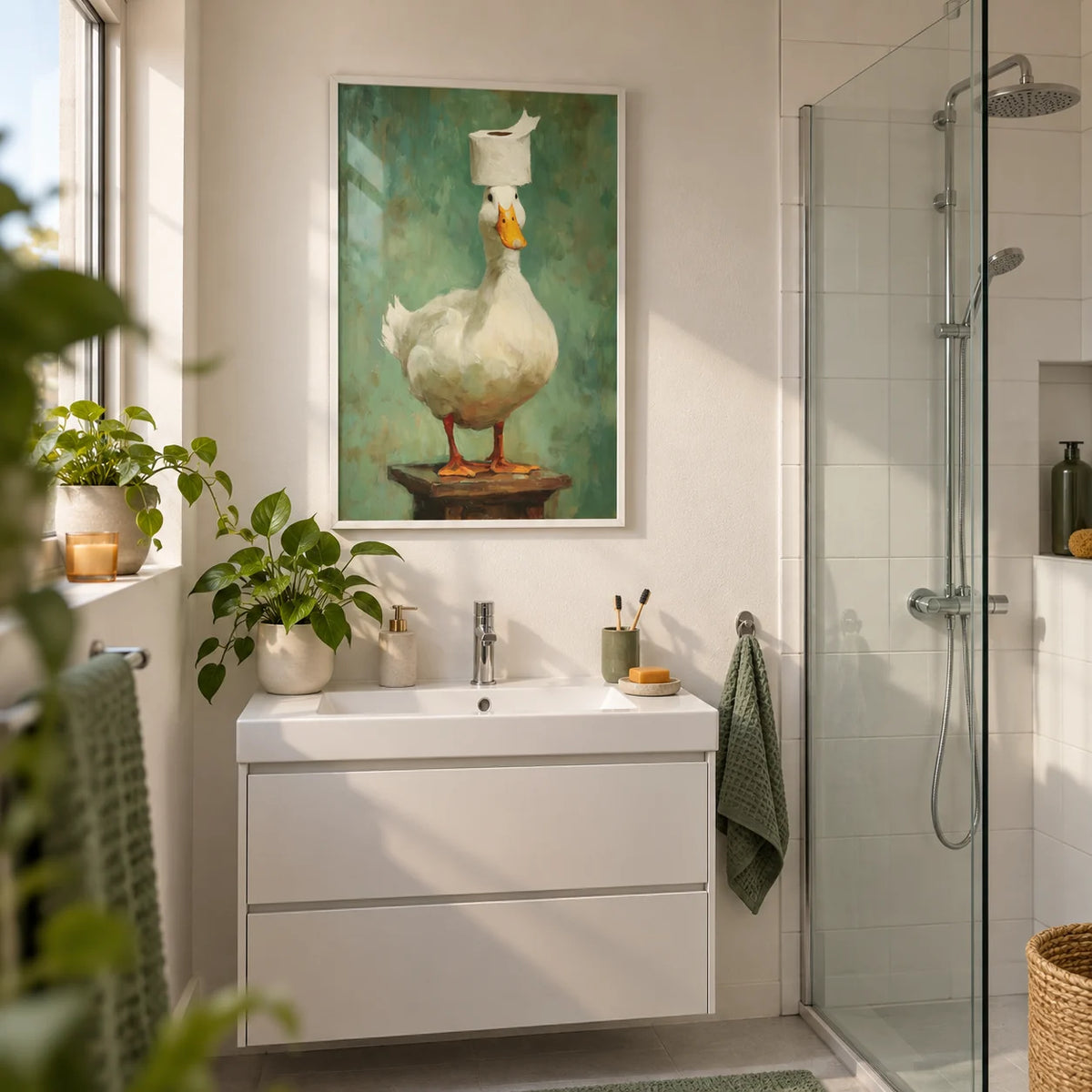Funny Duck Wall Art, framed on the wall of a modern shower room in a first flat (24-30) with white tiles and a glass screen in a bathroom