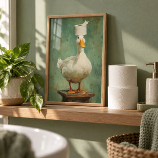 Funny Duck Wall Art, a small A4 framed print leaning on an oak shelf in a bathroom