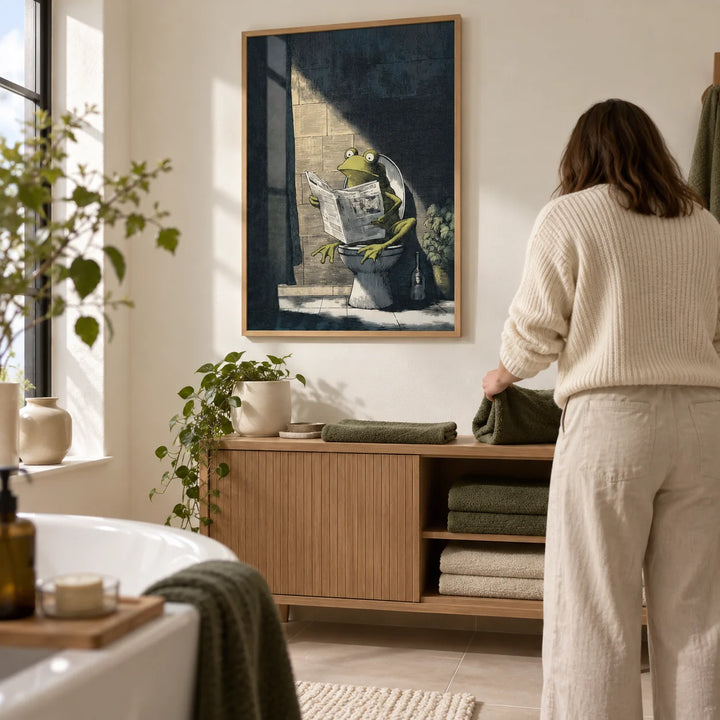 Funny Frog Art Print, framed on the wall of a bright contemporary bathroom in a first flat (22-28) with warm white walls and plain beige floor tiles