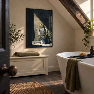 Funny Frog Art Print, framed on the wall of a characterful attic bathroom in a renovated UK terrace with a sloping ceiling