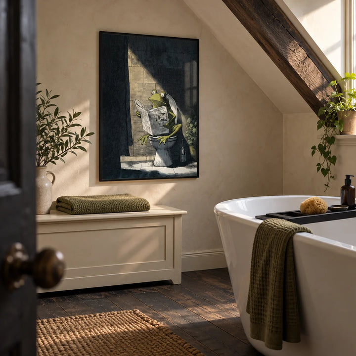 Funny Frog Art Print, framed on the wall of a characterful attic bathroom in a renovated UK terrace with a sloping ceiling