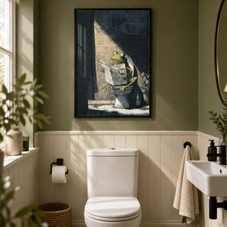 Funny Frog Art Print, framed on the wall of a compact downstairs cloakroom in a UK terraced house with olive green upper walls and plain cream lower panelling in a bathroom