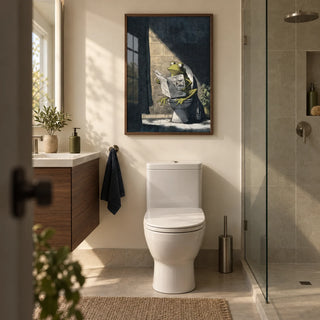 Funny Frog Art Print, framed on the wall of a compact modern en-suite with a cream painted dry wall in a bathroom