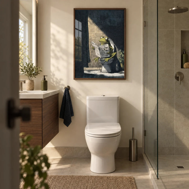 Funny Frog Art Print, framed on the wall of a compact modern en-suite with a cream painted dry wall in a bathroom