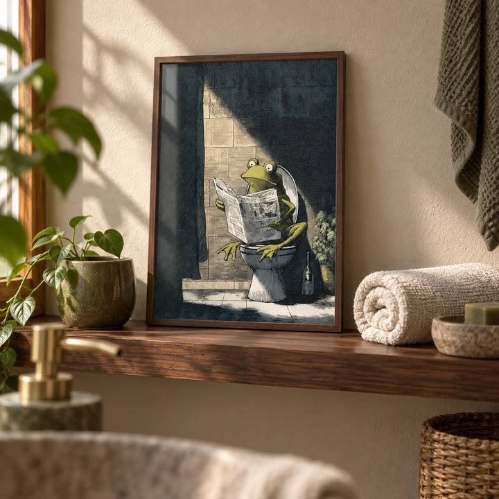 Funny Frog Art Print, a small A4 framed print leaning on a walnut shelf in a bathroom