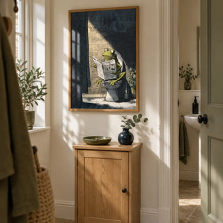 Funny Frog Art Print, framed on the wall of a small rear hallway immediately outside a downstairs cloakroom in a young couple's UK home in a bathroom