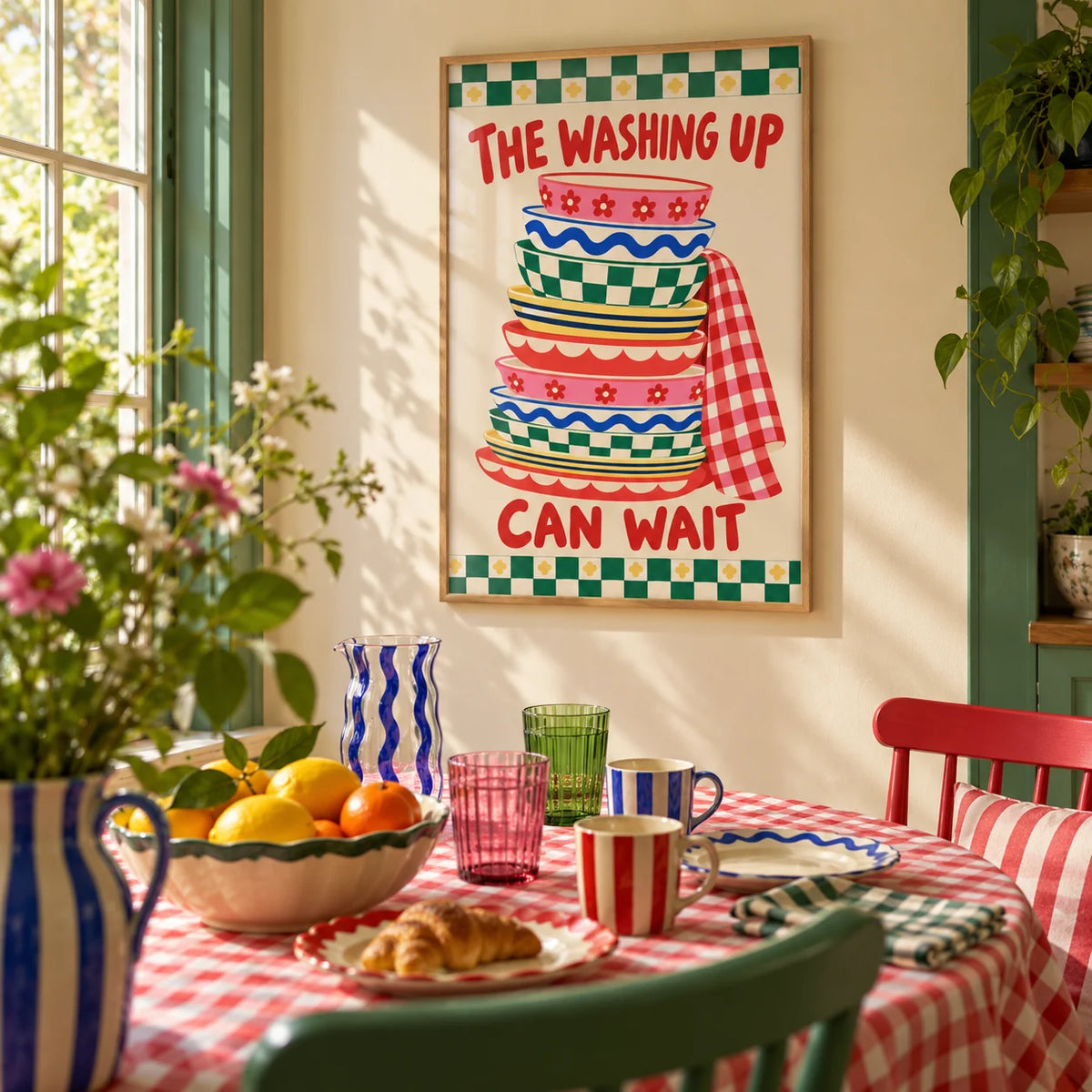 Funny Kitchen Wall Art, framed on the wall of a bright breakfast nook