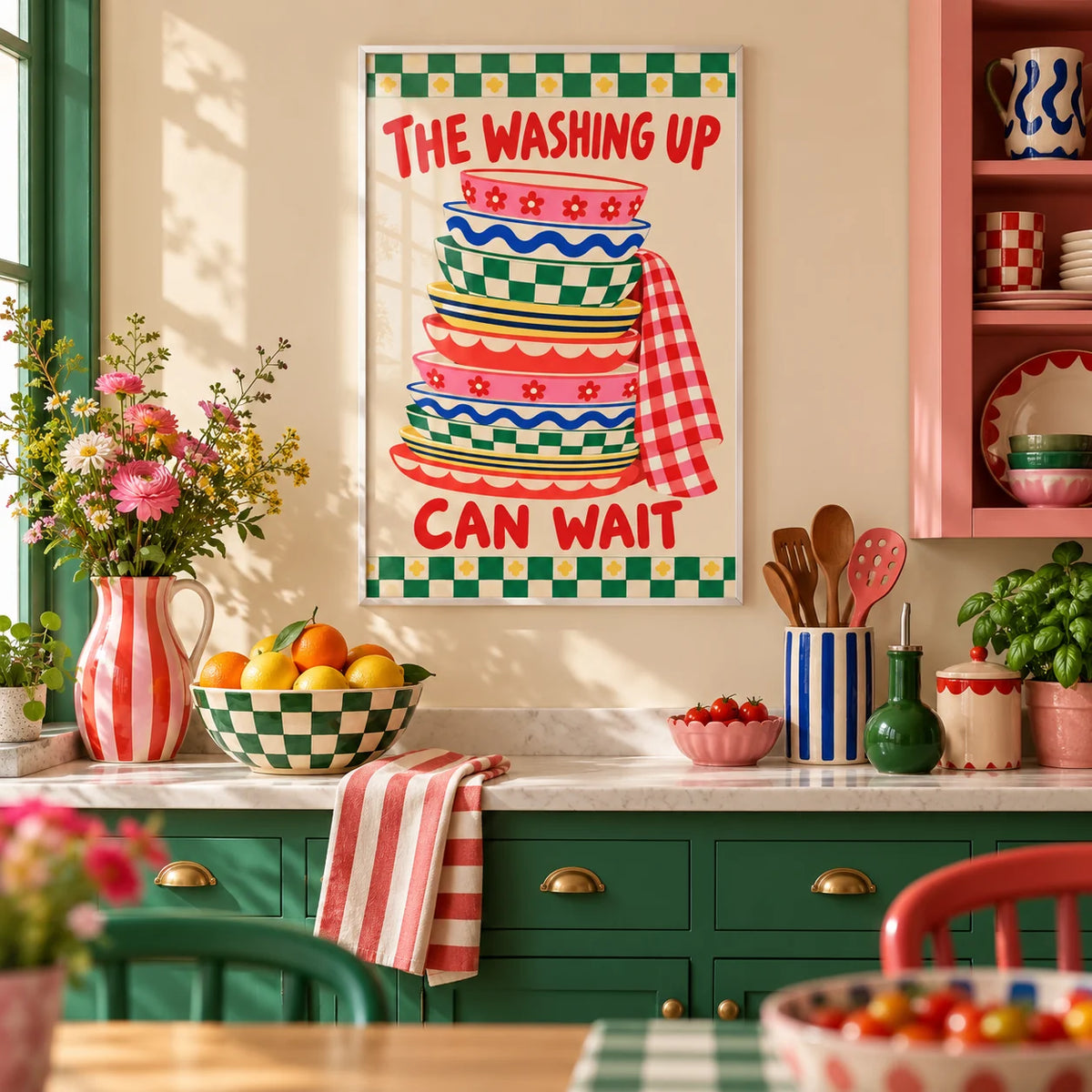 Funny Kitchen Wall Art, framed on the wall of a colourful dopamine kitchen