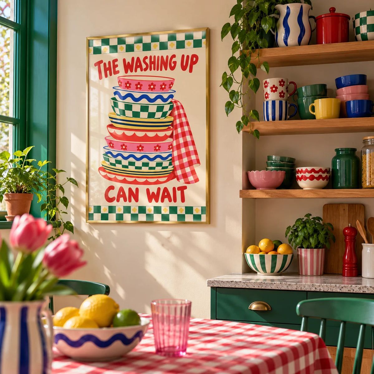 Funny Kitchen Wall Art, framed on the wall of a fun kitchen corner