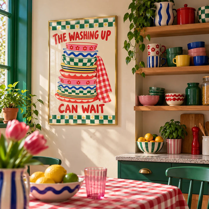 Funny Kitchen Wall Art, framed on the wall of a fun kitchen corner