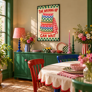 Funny Kitchen Wall Art, framed on the wall of a maximalist dining room