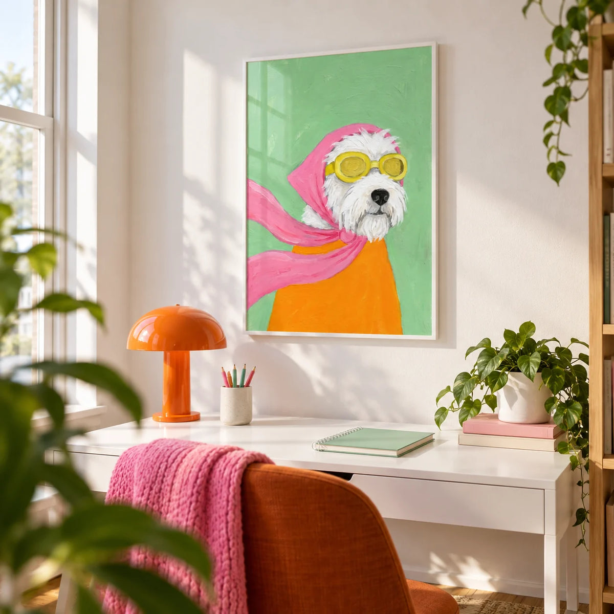 Funny Pet Poster, framed on the wall of a bright home office with a white wall