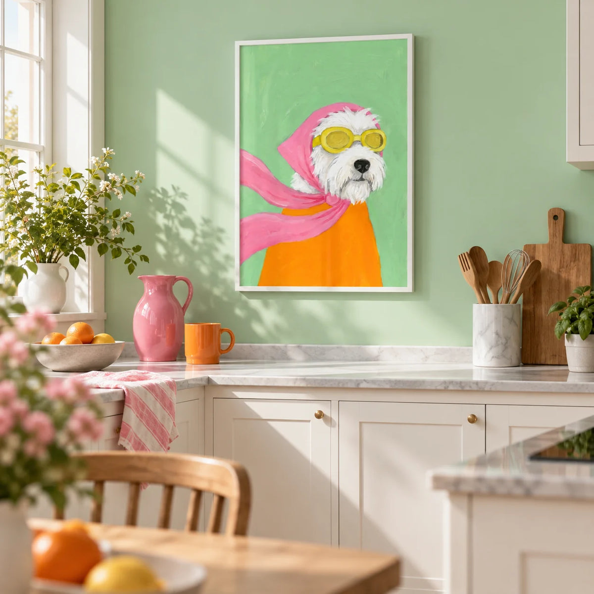 Funny Pet Poster, framed on the wall of a bright kitchen with white cabinets and a mint green wall