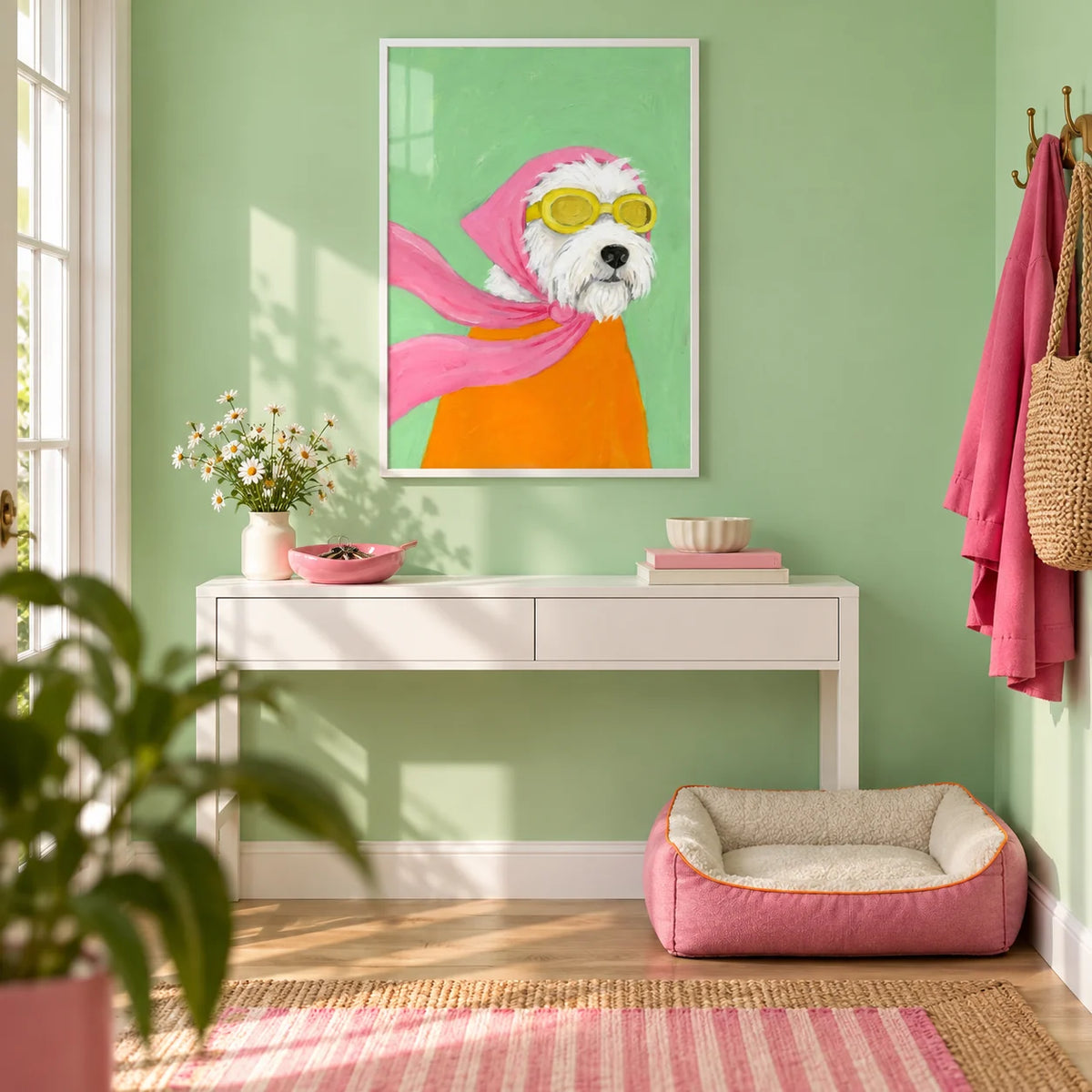 Funny Pet Poster, framed on the wall of a bright playful hallway with a mint green painted wall
