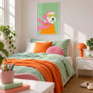 Funny Pet Poster, framed on the wall of a fun single bedroom for a young adult (18-25) with a white wall