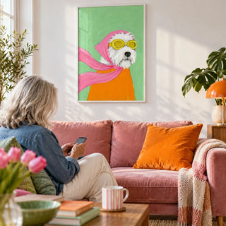 Funny Pet Poster, framed on the wall of a playful first-flat living room (22-28) with a white wall