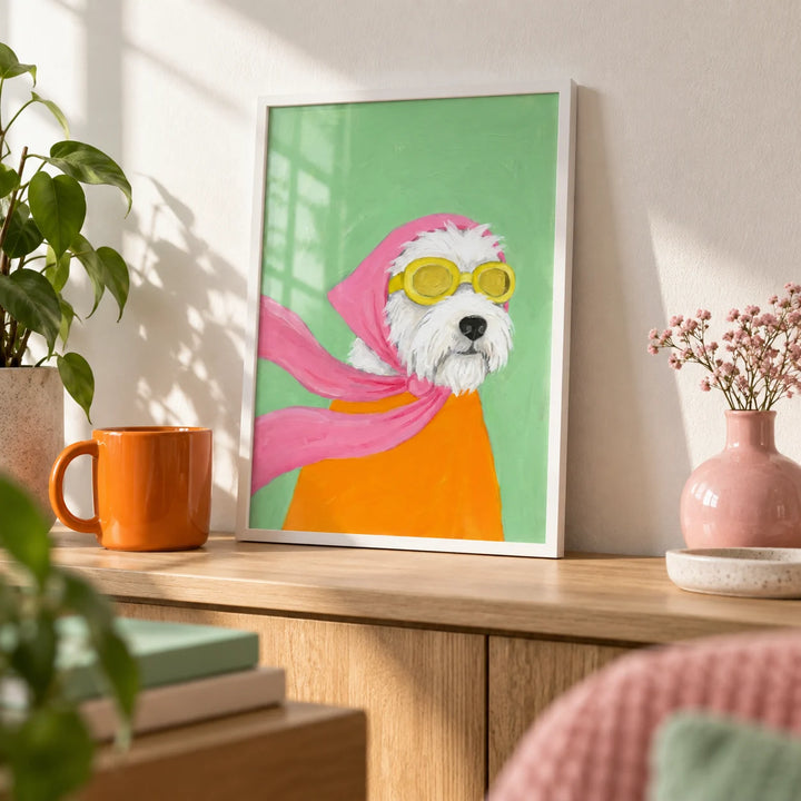 Funny Pet Poster, a small A4 framed print leaning on a light oak shelf in a living room