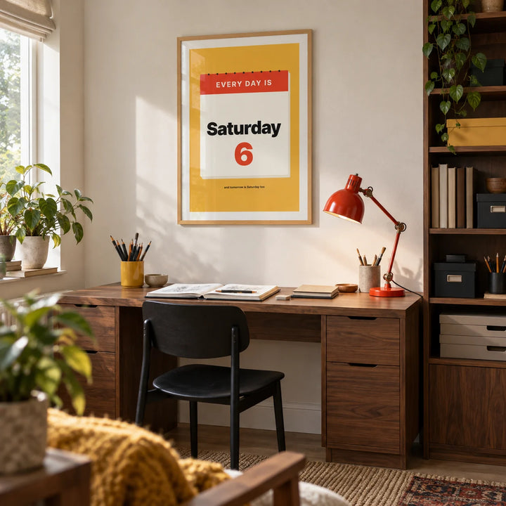 Funny Retirement Poster, framed on the wall of a contemporary hobby room in a UK retiree's bungalow with an off-white wall and fitted walnut storage in a home office