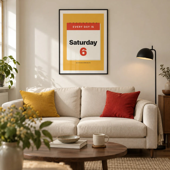 Funny Retirement Poster, framed on the wall of a modern living room in a UK retiree's townhouse with warm white walls and a walnut floor