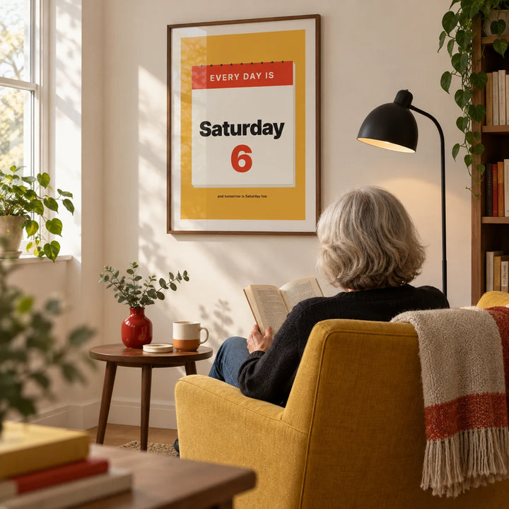 Funny Retirement Poster, framed on the wall of a relaxed modern reading corner in a UK home for a recently retired adult (60-70) in a living room
