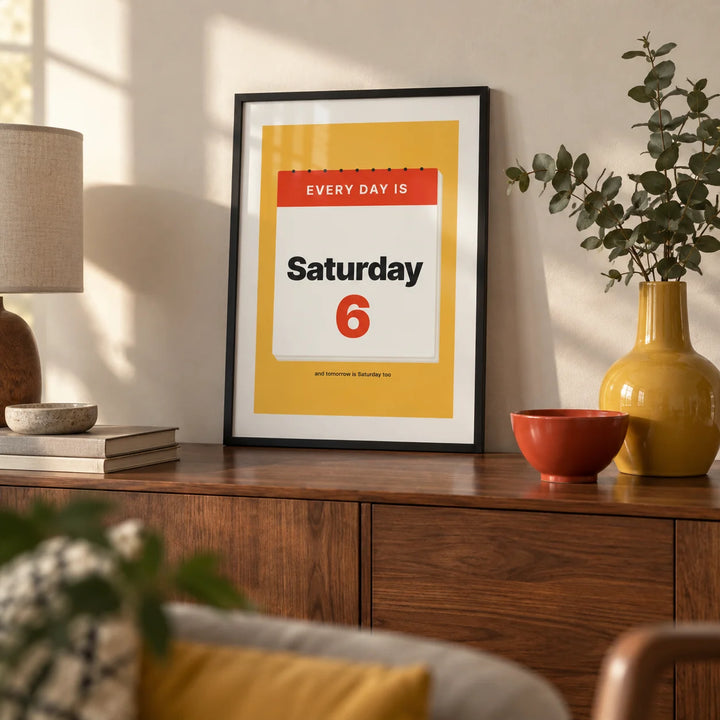 Funny Retirement Poster, a small A4 framed print leaning on a walnut sideboard in a living room