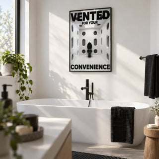 Funny Toilet Sign, framed on the wall of a bright family bathroom with plain white walls