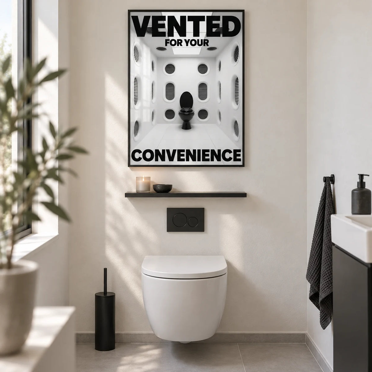 Funny Toilet Sign, framed on the wall of a design-led guest WC with a plain warm white wall and a pale grey floor