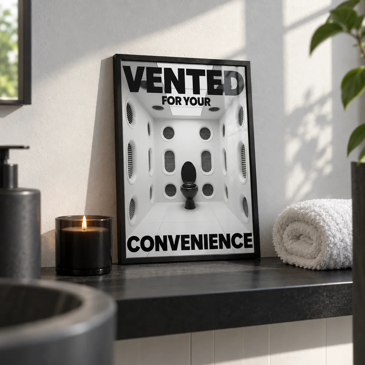 Funny Toilet Sign, a small A4 framed print leaning on a black bathroom shelf