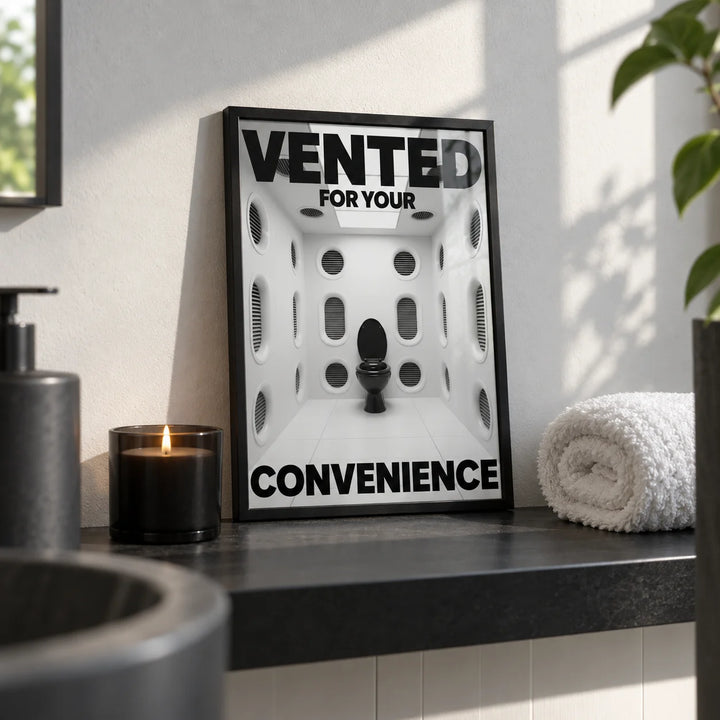 Funny Toilet Sign, a small A4 framed print leaning on a black bathroom shelf