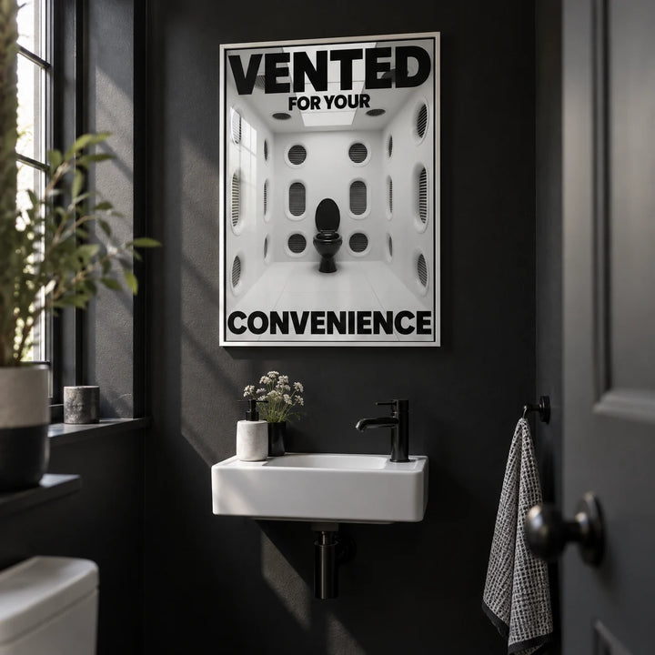 Funny Toilet Sign, framed on the wall of a small cloakroom loo with plain black painted walls